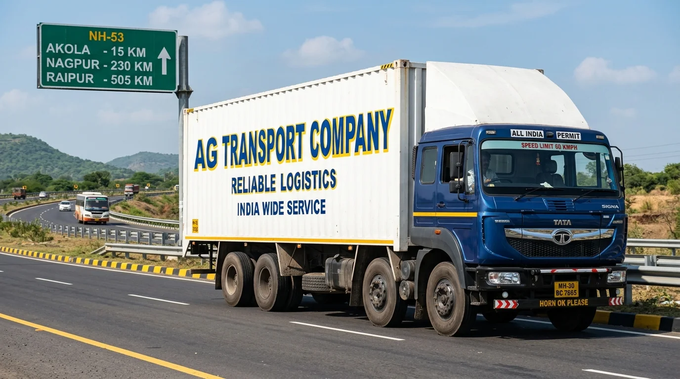 Jaipur to Akola FTL freight transport commercial container truck navigating NH-53 highway corridor