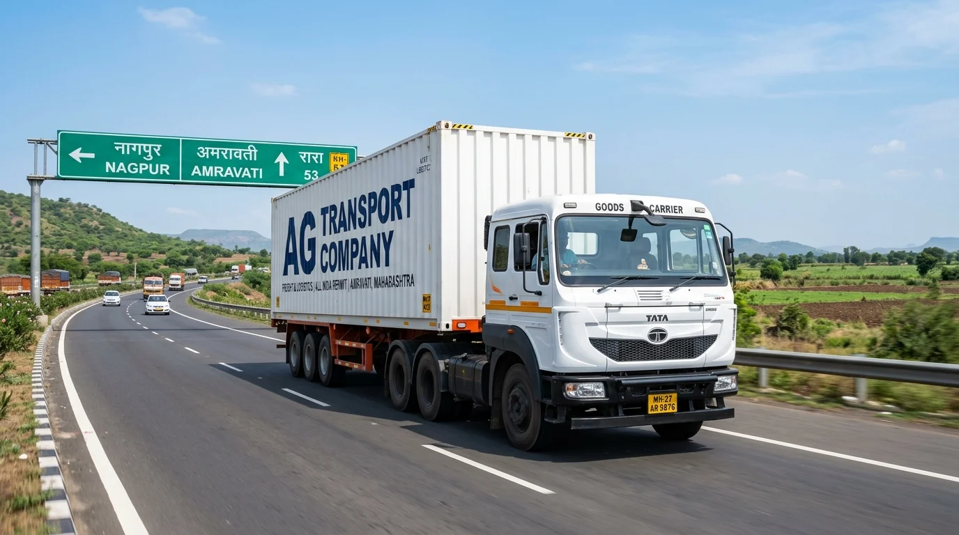 Jaipur to Amravati FTL freight transport commercial multi-axle container truck cruising on NH-53 highway corridor