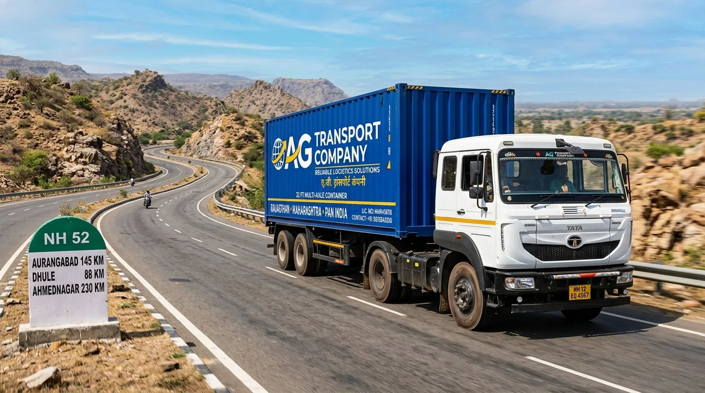 Jaipur to Aurangabad FTL freight transport 32-ft multi axle container truck on NH-52 highway corridor