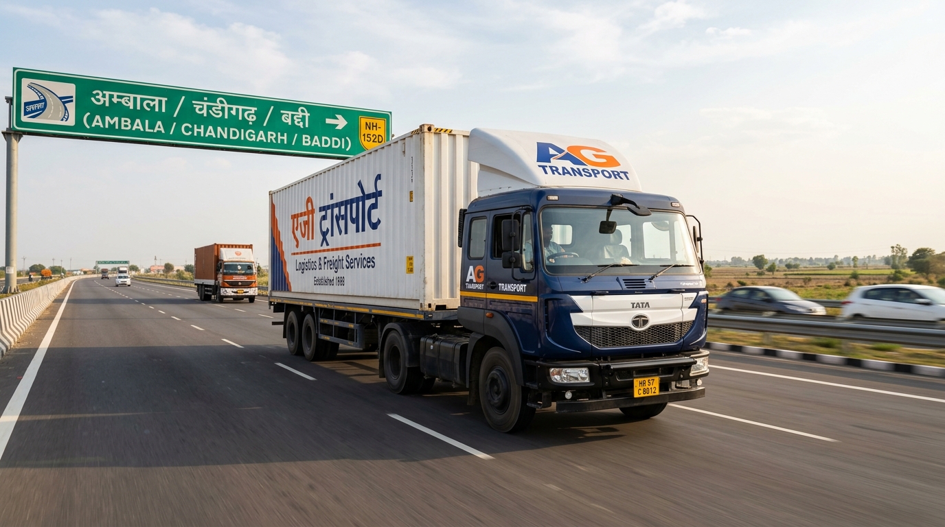 Jaipur to Chandigarh FTL freight transport commercial container truck on NH-152D Trans-Haryana expressway