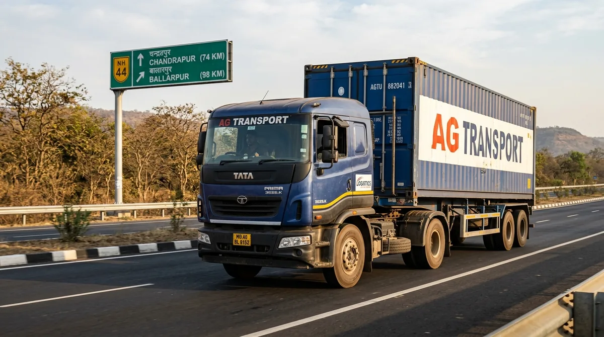 Jaipur to Chandrapur FTL freight transport commercial multi-axle container truck cruising on NH-44 highway corridor near Chandrapur and Ballarpur
