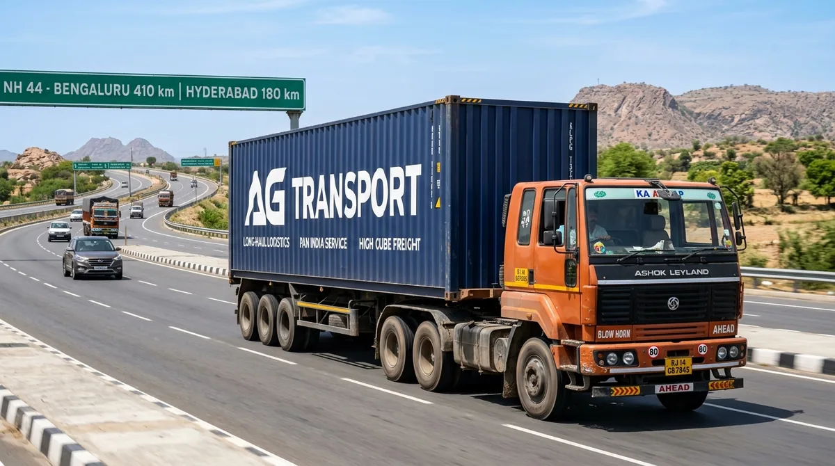Jaipur to Coimbatore FTL freight transport Ashok Leyland 32-ft multi axle container truck on NH-44 highway