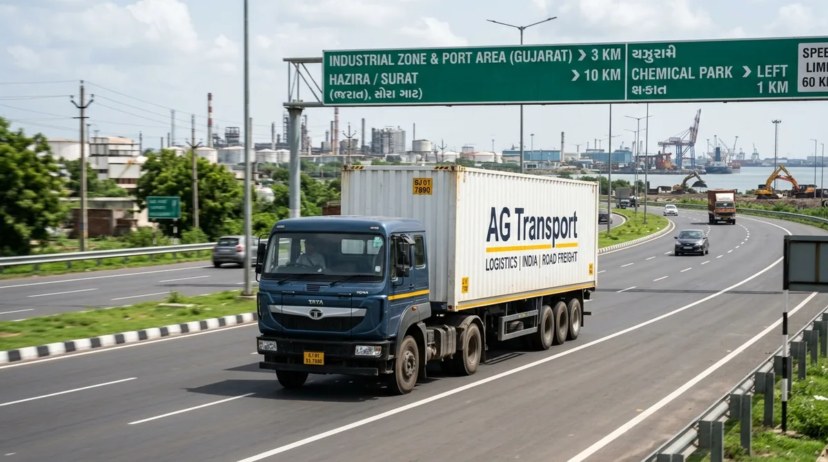 Jaipur to Dahej FTL freight transport Tata commercial container truck driving along Gujarat highway corridor towards Dahej PCPIR industrial zone Bharuch