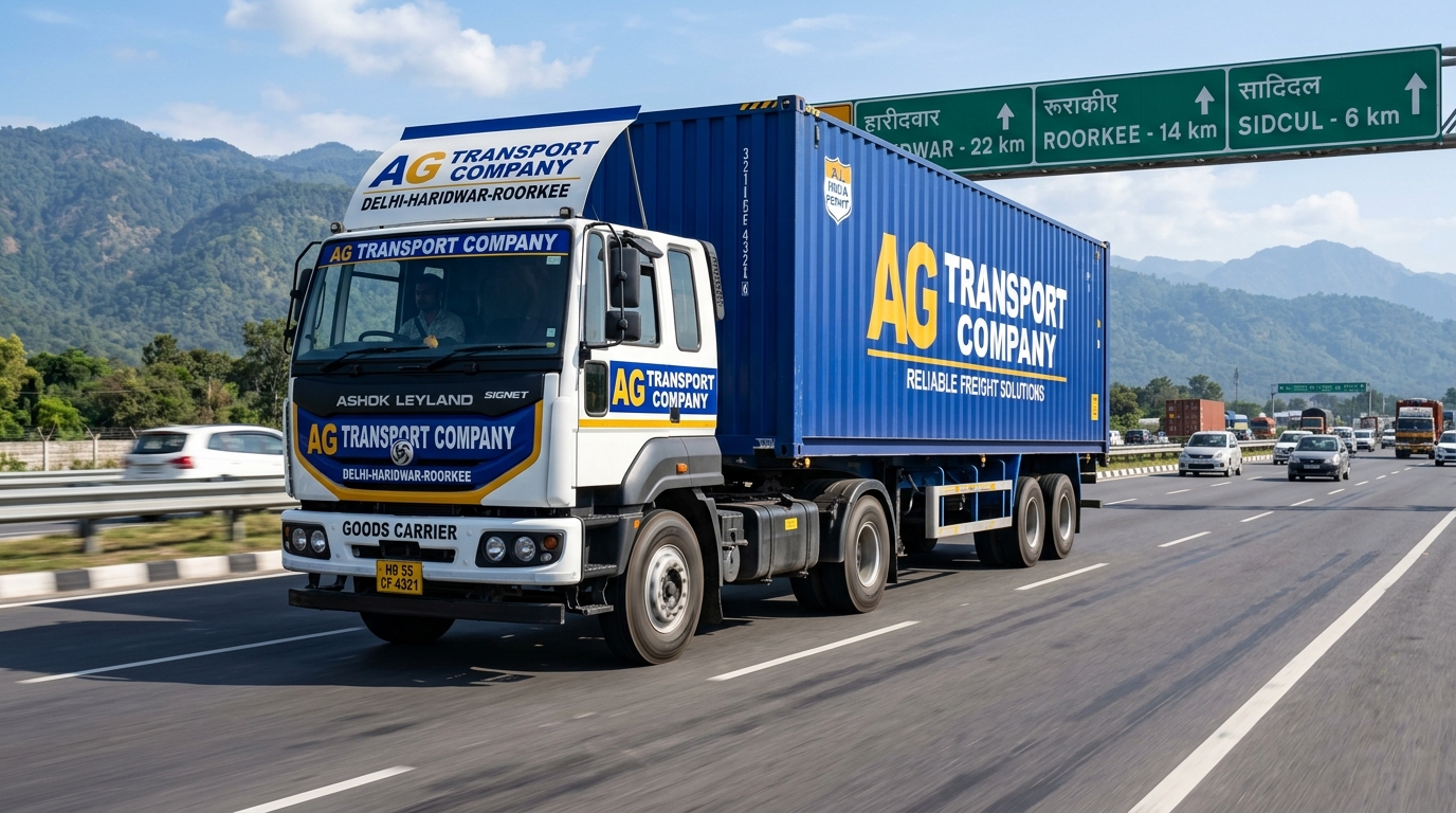 Jaipur to Haridwar FTL freight transport commercial container truck on NH-334 expressway corridor to SIDCUL