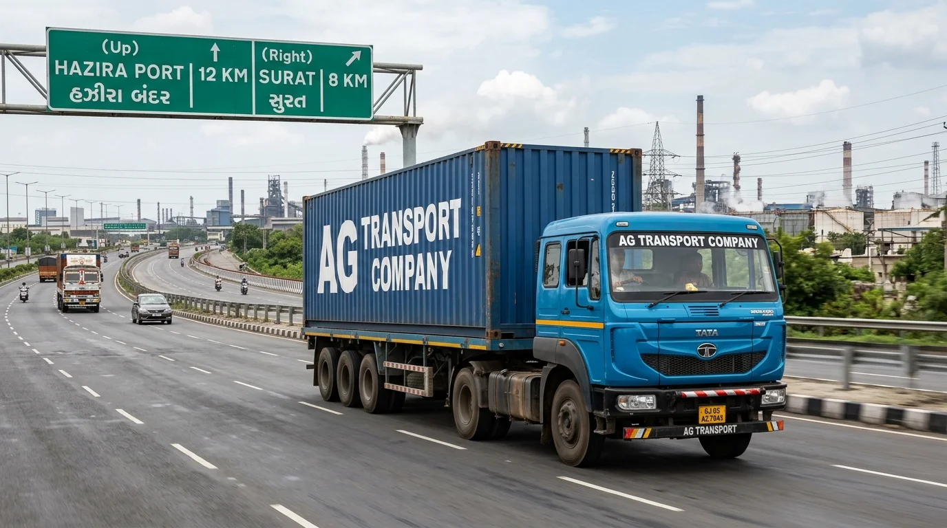 Jaipur to Hazira FTL freight transport Tata commercial container truck driving along Gujarat highway corridor towards Hazira industrial port Surat