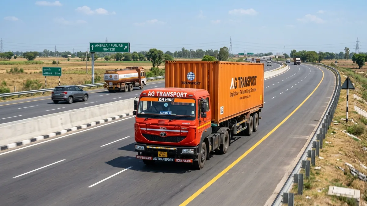Jaipur to Jalandhar FTL freight transport heavy container truck on Trans-Haryana expressway NH-152D