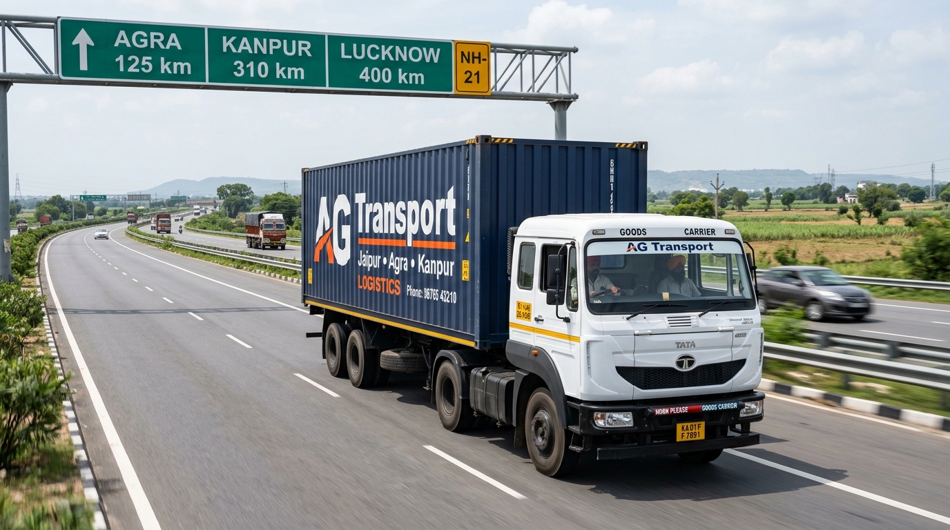Jaipur to Kanpur FTL freight transport container truck on NH-21 Agra expressway corridor