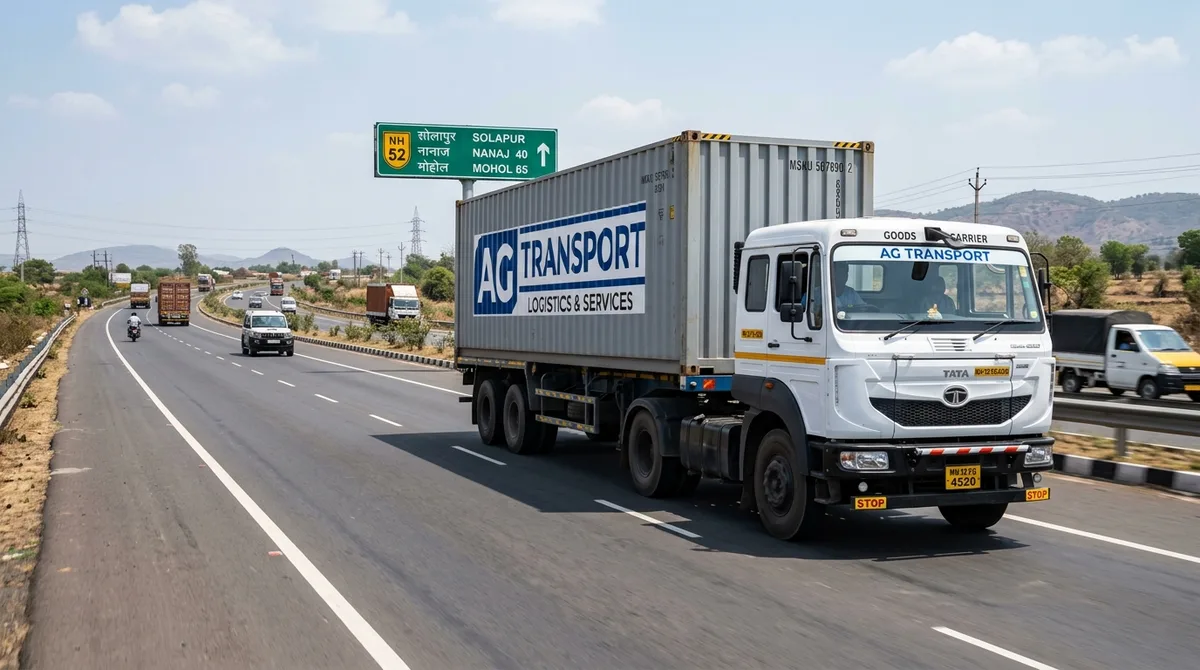 Jaipur to Latur FTL freight transport commercial multi-axle truck carrying industrial goods along NH-52 highway corridor towards Latur MIDC Maharashtra