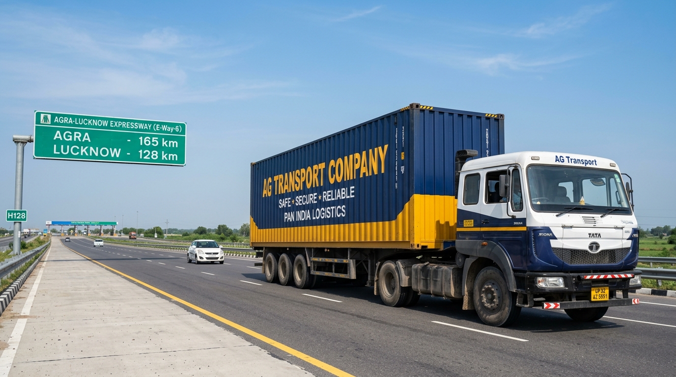 Jaipur to Lucknow FTL freight transport 32 ft container truck on Agra Lucknow Expressway