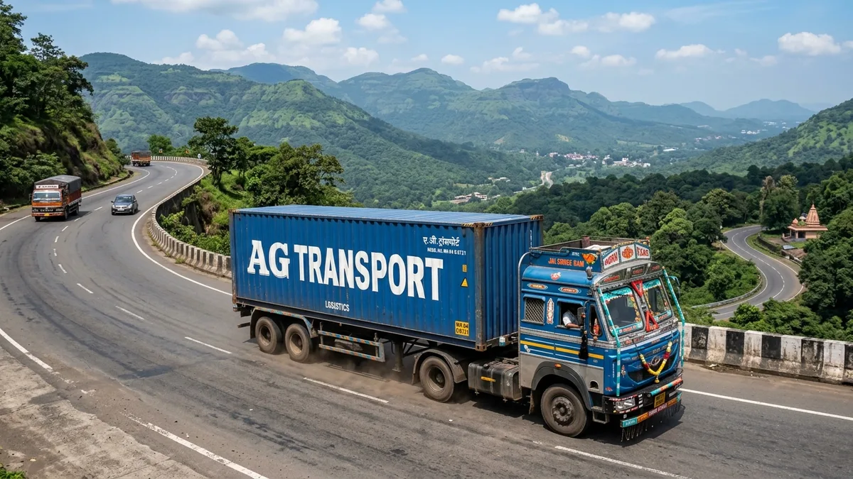 Jaipur to Nashik FTL freight transport 32-ft multi axle container truck navigating Western Ghats highway corridor