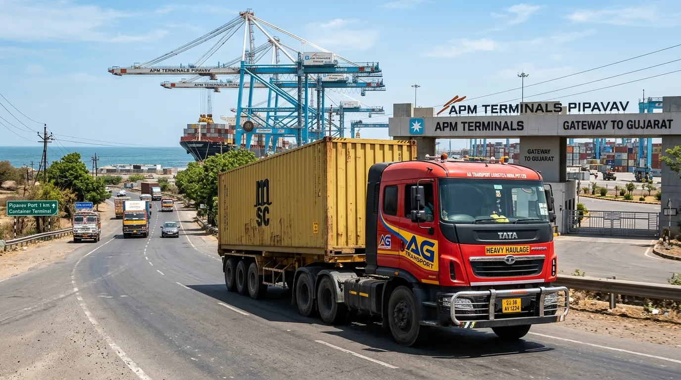 Jaipur to Pipavav port FTL freight transport APM terminals container truck on Gujarat coastal highway