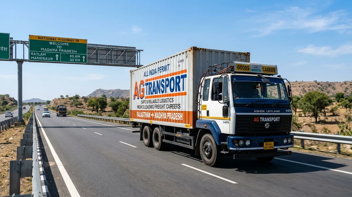 Jaipur to Ratlam FTL freight transport Ashok Leyland commercial container truck crossing Rajasthan border into Madhya Pradesh towards Ratlam Dojawada industrial area