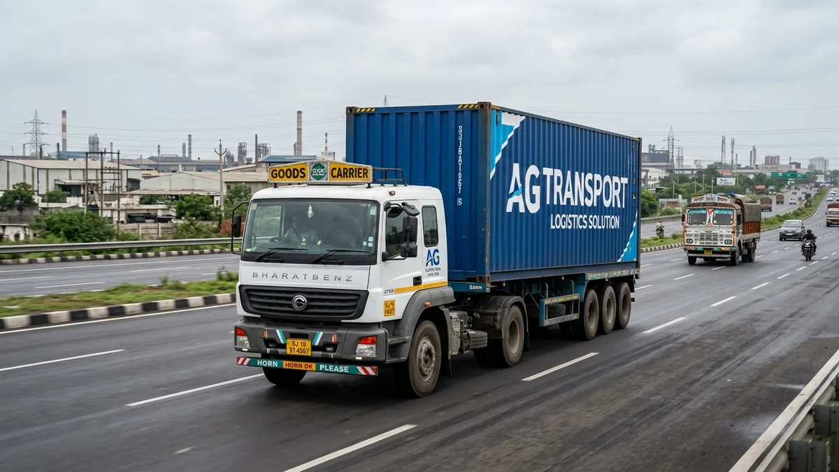 Jaipur to Vapi FTL freight transport BharatBenz 32-ft multi axle container truck on NH-48 highway