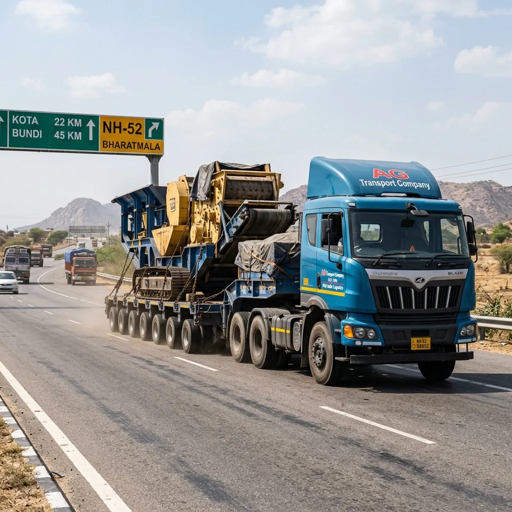 Kota to Mumbai heavy machinery transport multi axle trailer rig on highway